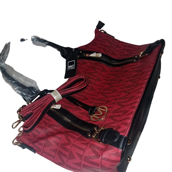NWT- Gorgeous Rich DEEP RED & Black MKF LARGE Satchel Purse - Picture 7 of 7